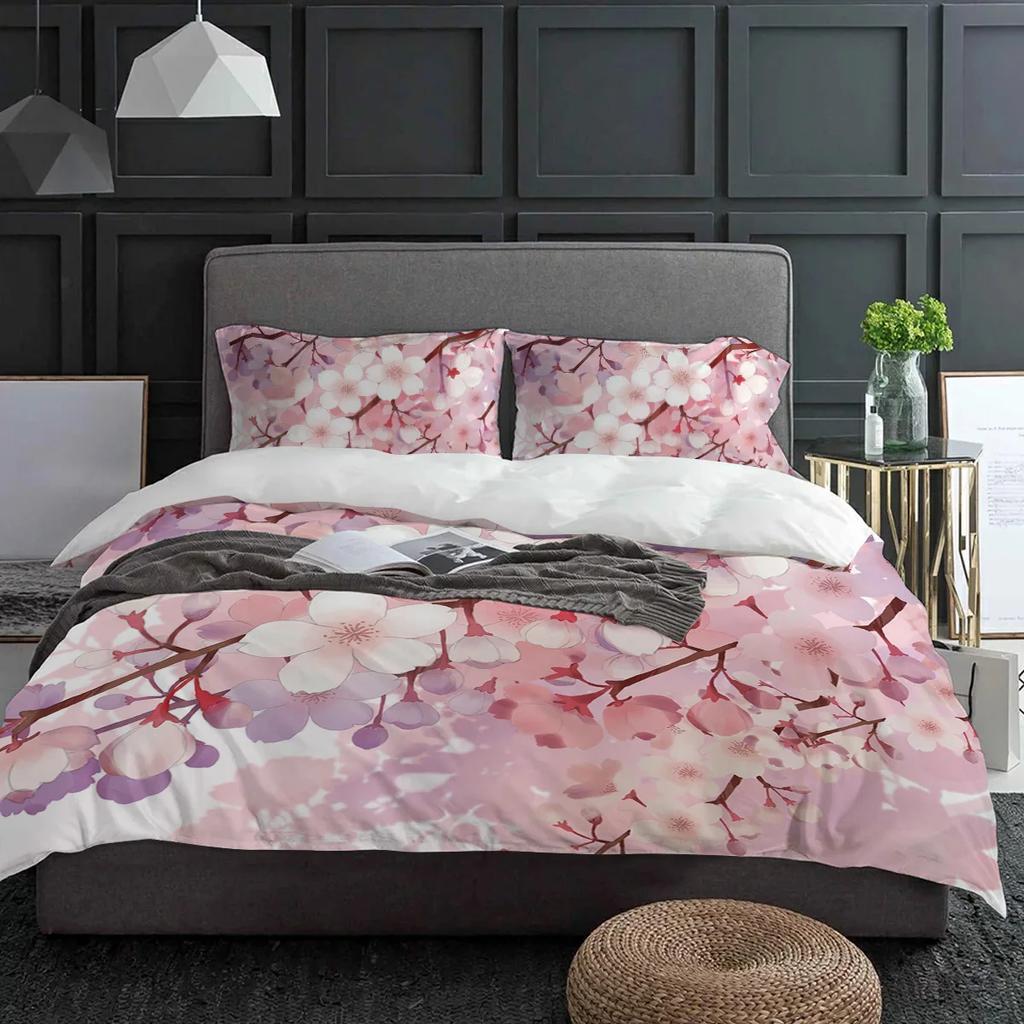 Romantic Flowers Sakura Pink Duvet Cover With Pillow Case Custom 3pcs Bedding Set Quilt Cover Double Bed Home Textile