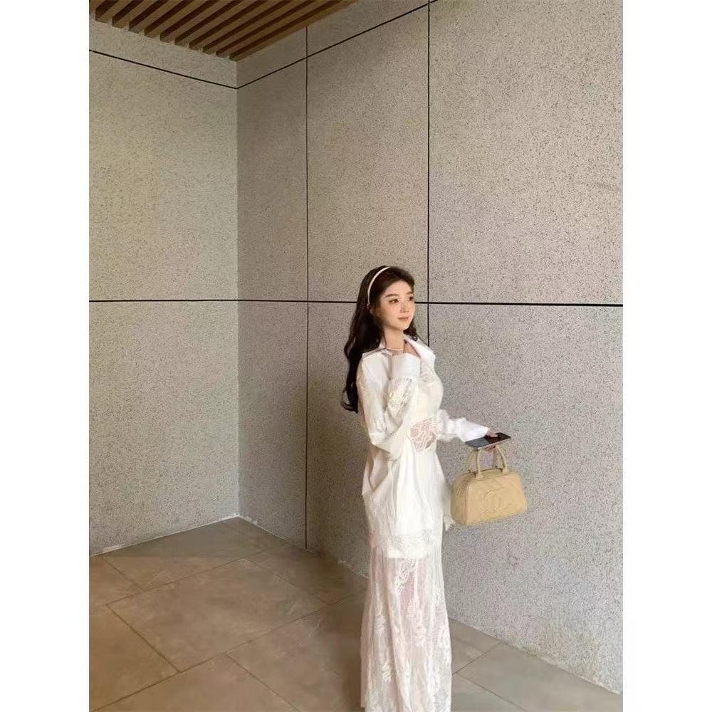 Women's Lace Patchwork Long Sleeve Shirt with Polo Collar - Spring/Summer 2026 Vacation Style