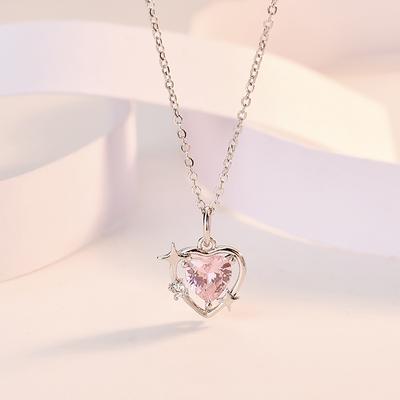 Korean Style  Vintage Hollow Pink  Heart Silver Color Necklace