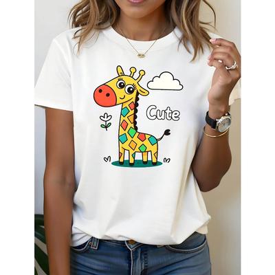 Women Cute Cartoon Giraffe Heart Flower Print Crew Neck Short Sleeve Tee For Spring Summer Daily Leisure And Holiday Gift