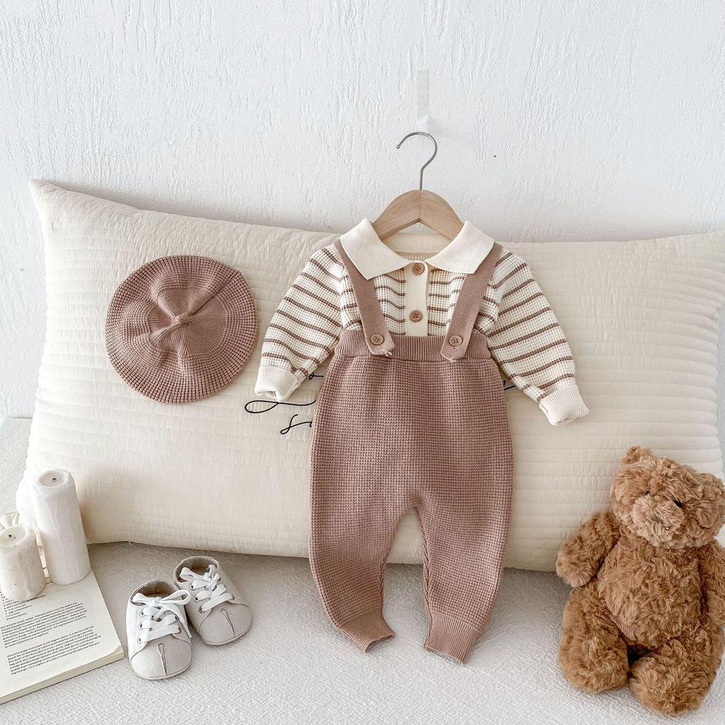 New Fall/Winter Infant Waffle Knit Cardigan & Striped Long Sleeve Overalls Set