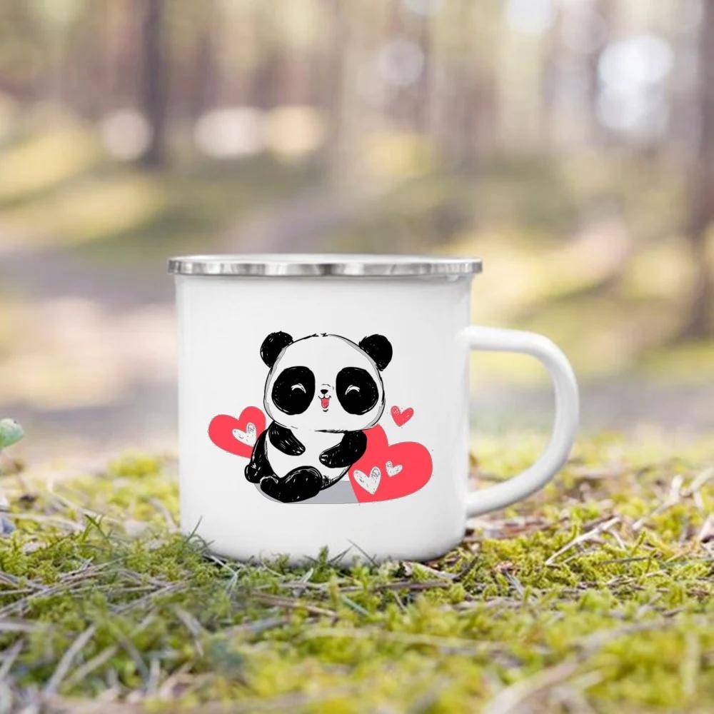 Flower Panda Printed Creative Enamel Water Cup Drink Dessert Breakfast Milk Cups Kid Mugs Handle Mug Birthday Gifts for Childen