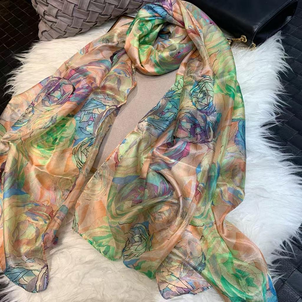 Bysifa|Beige Blue Silk Scarf Shawl Women Floral Print Scarf Cape Fall Winter 100% Mulberry Silk Long Scarves Summer Beach Shawls