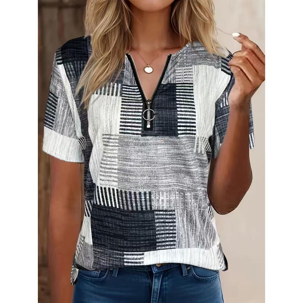 Women's Polo Shirt with Fashionable Zipper and Geometric Design, Summer Loose Short Sleeved T-shirt