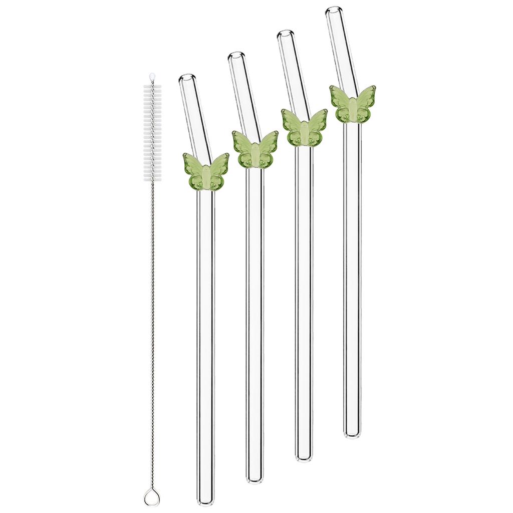 4pcs Butterfly Glass Straw with Brush 200*8mm Reusable Drinking Straw Set Milkshakes Cocktail Coffee Straws Home Bar Accessories