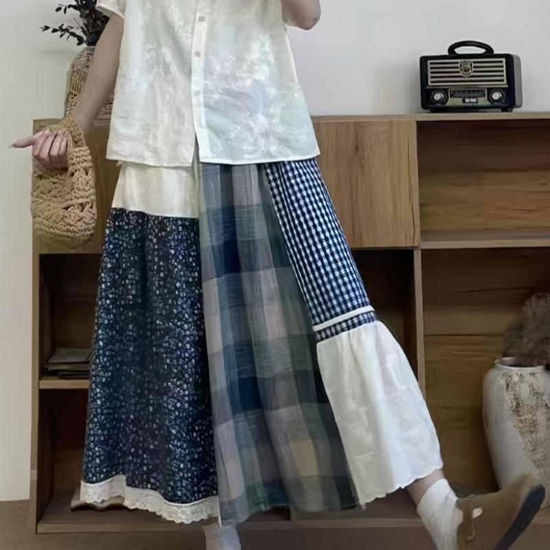 Dimanaf 2025 Summer Women New Linen Plaid Skirts Elastic Elegant Flower Pleated Skirts High Waist