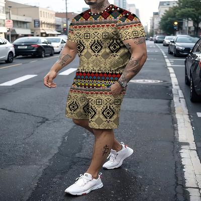 Trendy Herre Sommerdragt Afslappet Etnisk Stil 3D Printet Sportstøj Kortærmet Dragt Overdimensioneret Rundhals T-shirt 2-delt