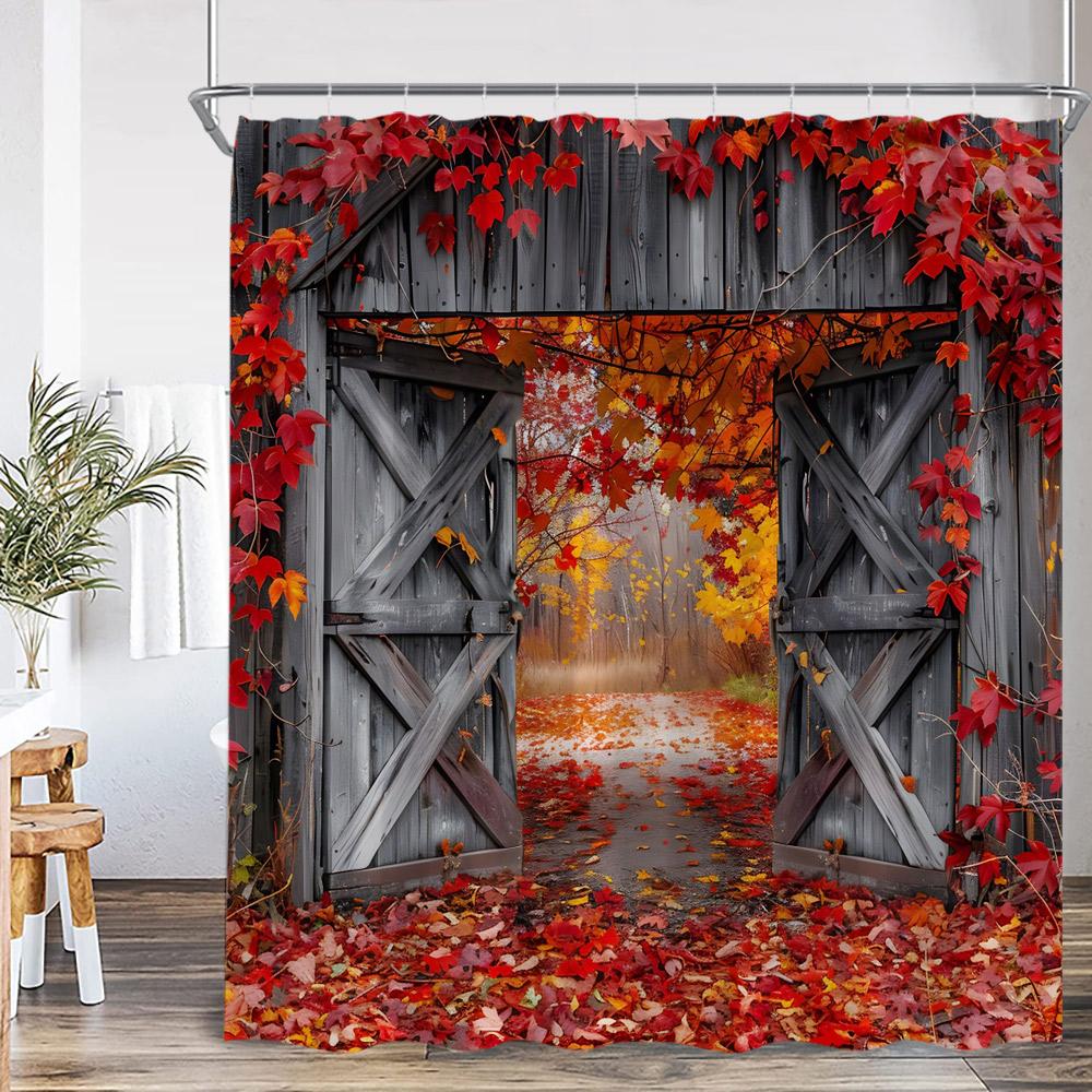 Fall Elf Shower Curtain Autumn Wooden Barn Door Pumpkin Sunflower Maple Bathroom Decor Nature Kid Child Bath Curtain with Hook