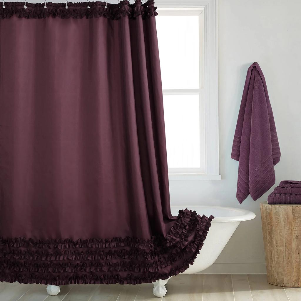 Ruffled Pink Modern Polyester Waterproof Fabric Solid Decoratived Farmhouse Shower Curtain