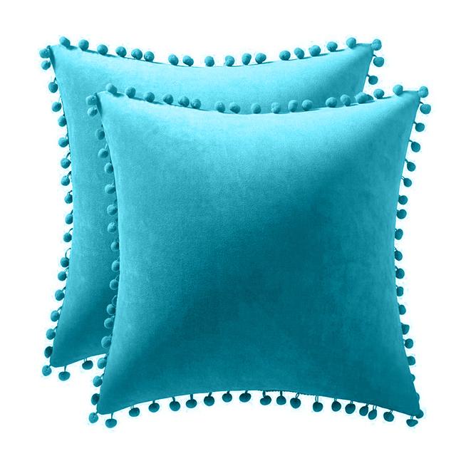 Set of 2 Velvet PIllowcase Solid Cushion Cover with Pom Poms Ball Throw Pillow Covers for Home Bed Sofa Decor 45X45  30X50 Cm