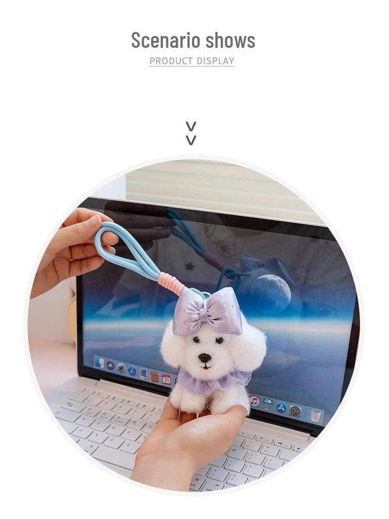 Adorable Princess Teddy Dog Pendant with Bow Tie - Plush Keychain Doll