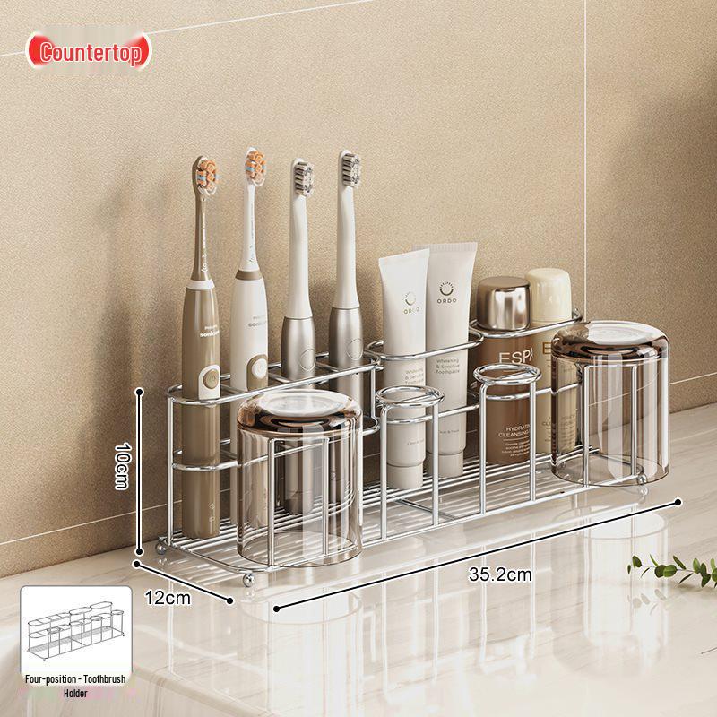 Nástěnný nerezový držák na zubní kartáčky s kelímkem na vyplachování a poličkou