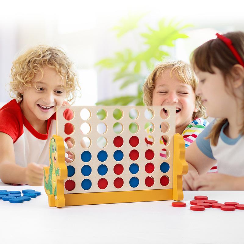 Klassisches Holz-Vier-Gewinnt-Gitter, 4 in einer Reihe Spiel mit Dinosaurier-Basis, Strategie-Familienbrettspiele für 2 Spieler, Eltern-Kind-Spiel