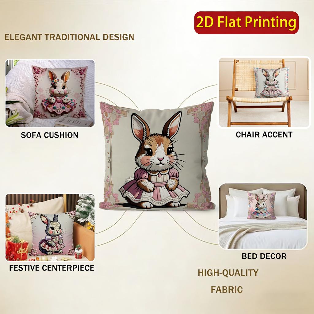 2D Cute Dressed Rabbits Pillowcase For Home Decor Pattern Cushion Cover Suitable For Sofa Bedroom Car Pillow Cover
