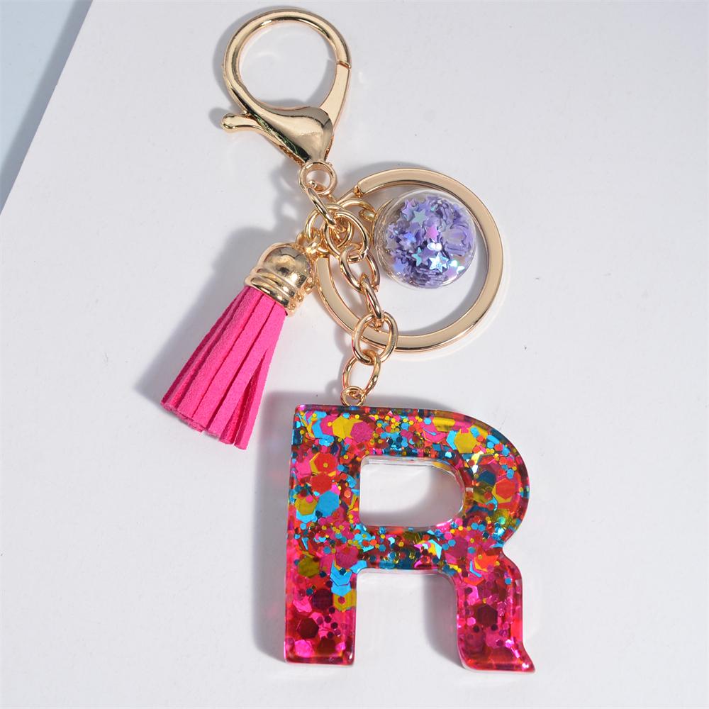 Fashion Tassel Star Ball 26Letters Keychain Colorful Sequins Resin Key Ring for Women Girls Car Handbag Phone Case Pendant Gifts