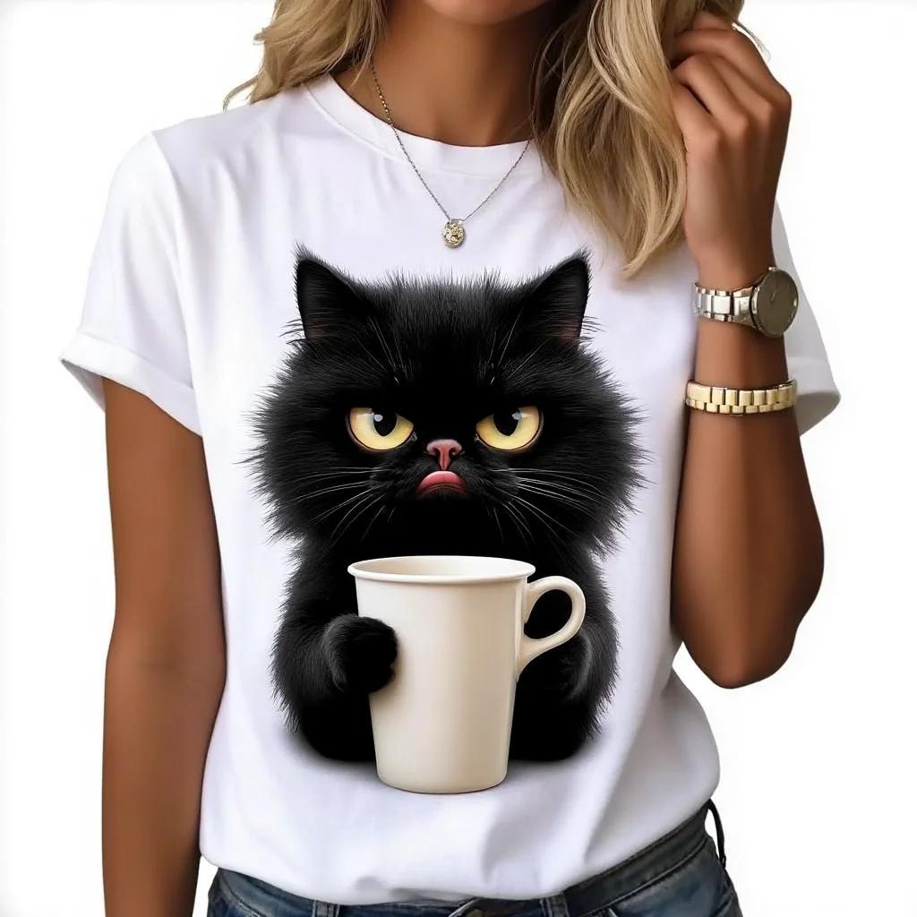 CatWomen camiseta divertida estampada en blanco para mujeres casual pantalones cortos de Unisexga corta con cuello