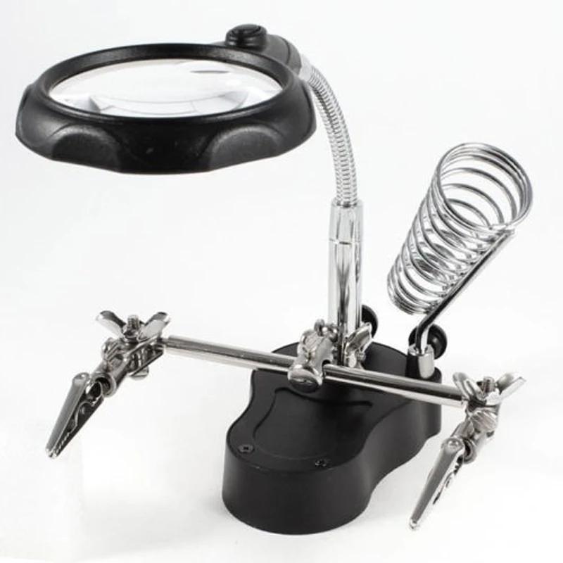 3 Hand Soldering Iron Stand Welding Tool With Magnifying Glass Illuminated LED Alligator Clip Holder Clamp Helping Repair