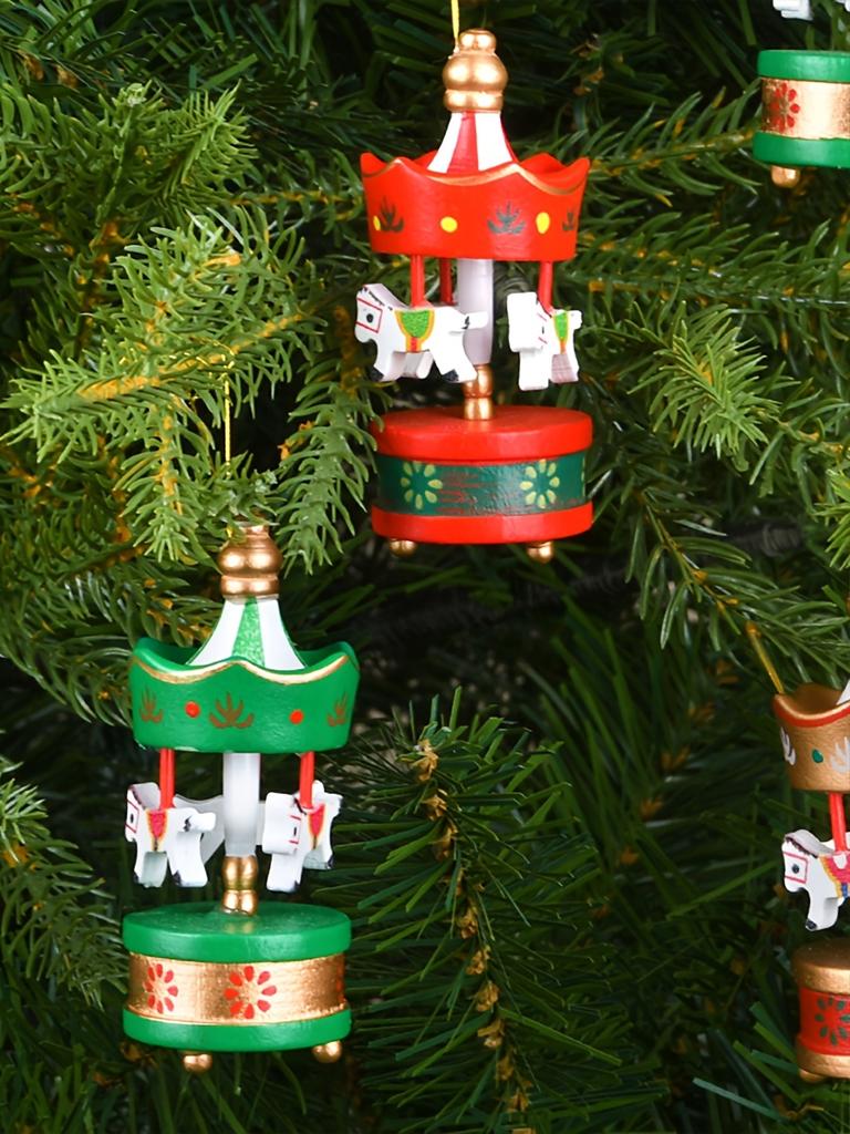 6pcs Festive Christmas Wooden Rotating Carousel Ornaments  Classic Fairy Tale Style, Perfect for Christmas Tree Decoration, Christmas Decorations