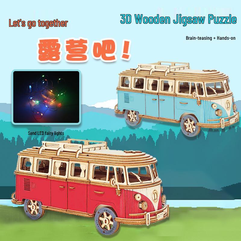 European Wooden Camper Van Jigsaw Puzzle - 3D DIY Assembly Car Model for Children