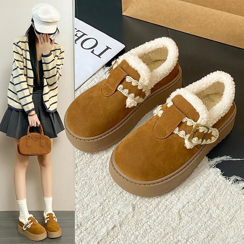 2025 Fashionable Versatile Women's Cotton Shoes Thick Bottom Loafers Winter Warm Fleece Lined Flat Heel round Toe Shoes