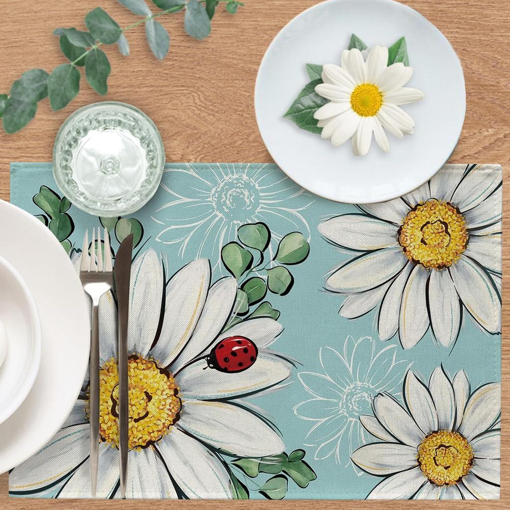 Spring Summer Daisy Flower Placemats Set of 4, Floral Eucalyptus Leaves Blue Dining Place Mats Table Decor, Ladybug Seasonal Home Kitchen Decoration