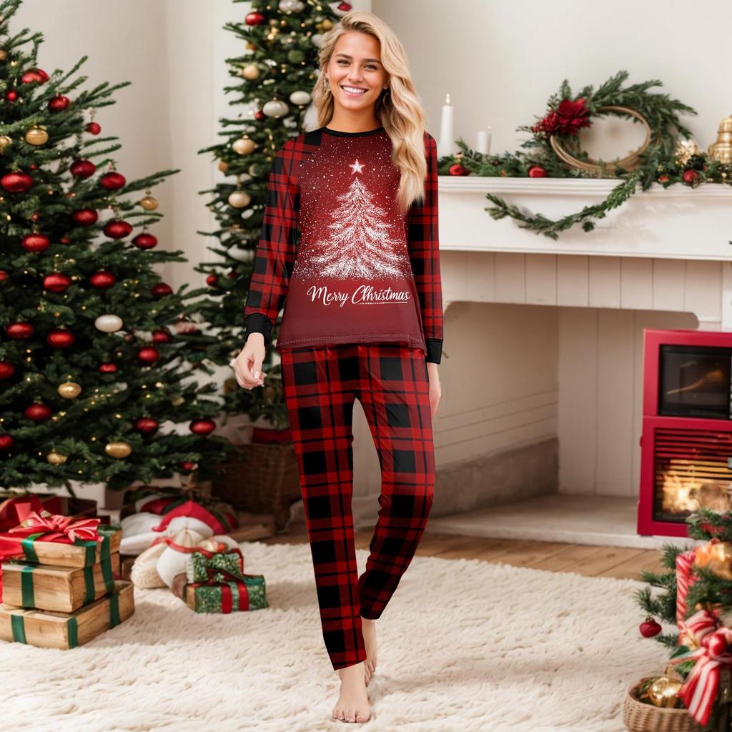 საშობაო პრინტის საყვარელი საოჯახო ნაკრები პიჟამა, სახლის ტანსაცმელი, საოჯახო ნაკრები გრძელმკლავიანი ზედა შარვლის ნაკრები