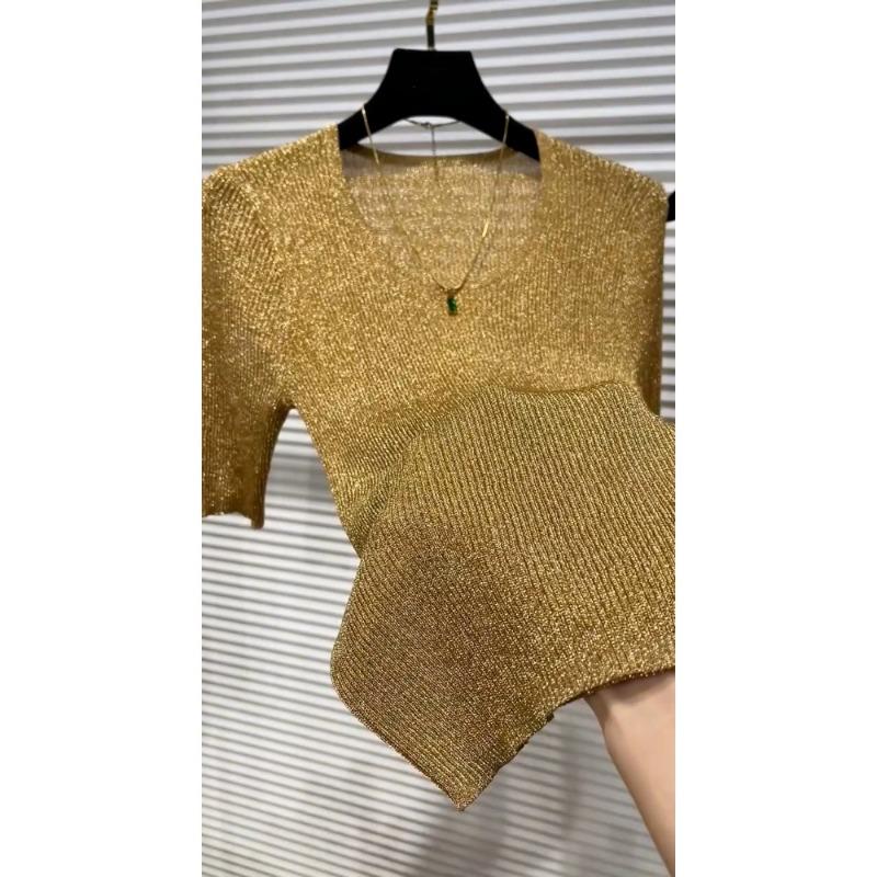 Summer Fashion Gold Short-sleeved T-shirt Women Slim Casual Pullover Top Female V-neck Knitting Tee