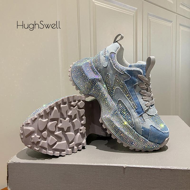 Fashion Rhinestone Cover Thick Sole Denim Canvas Sneaker Woman Bling Rivet Chunky Daddy Shoe Ladies Luxury Brand Design Crystal Zapatos