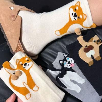1/4 Pairs Autumn Winter Cartoon Cute Dog Balls Cotton Socks Kawaii Lolita Knitting Socks Women Girls Middle Tube
