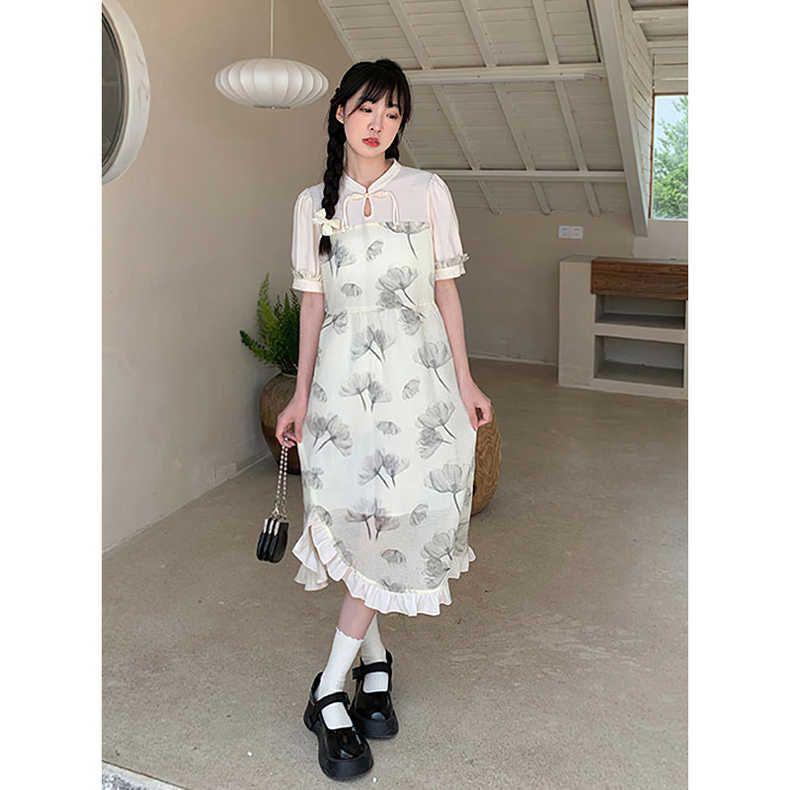 2026 Summer Women's Ink Wash Print Slit Skirt with Frog Button - New Chinese Style Qipao Dress for Girls