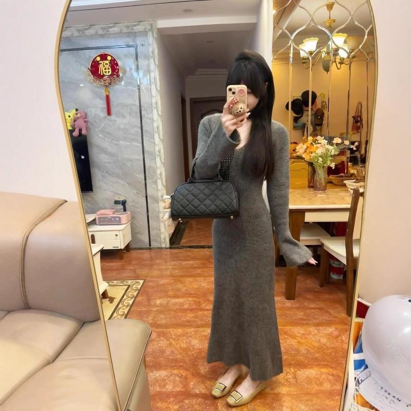 Temperament Gray V-neck Knitted Dress Autumn and Winter Lazy Slim Fit with Bottom Sweater Skirt