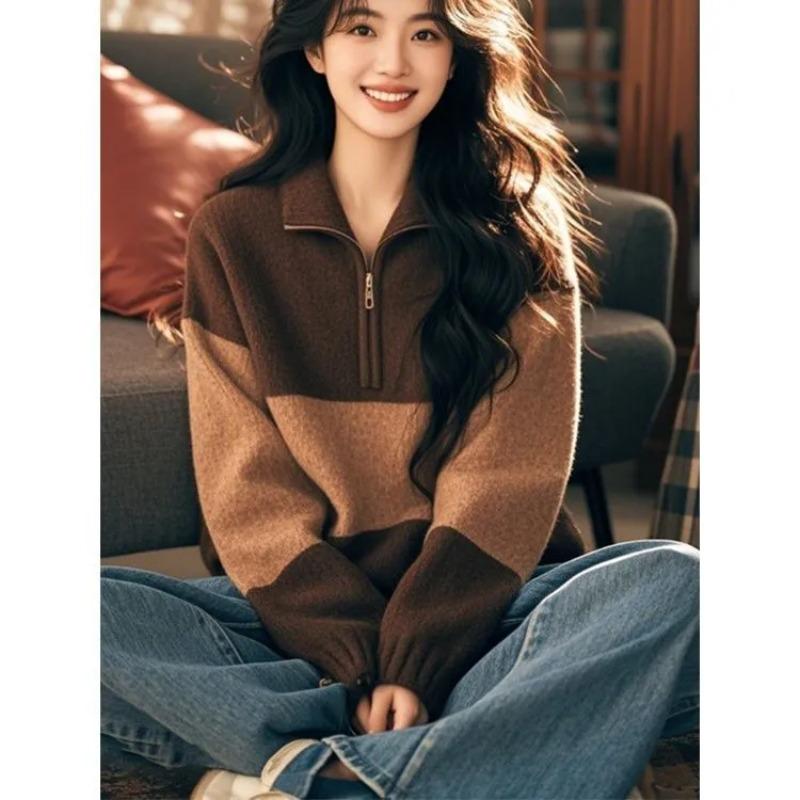 Women s Brown Color Block Half Zip Pullover Sweatshirt Loose Fit Casual Long Sleeve Top S коричневый 2380₽