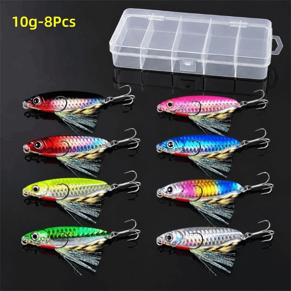 8Pcs Set Sharp Hooks Metal Fishing Lure 3D Eyes Design Metal Jig Spoon Saltwater Fishing
