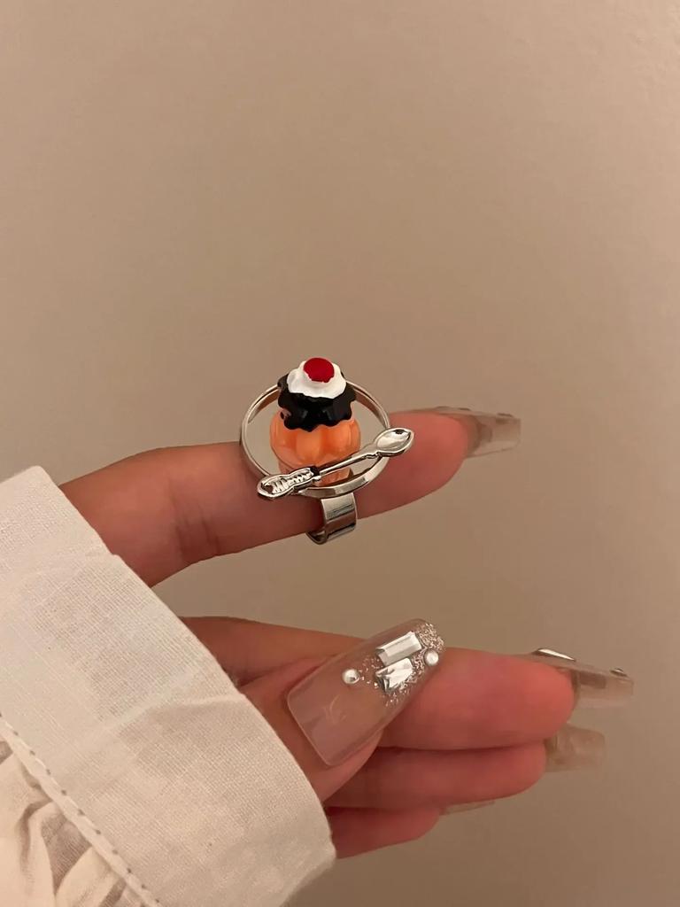 Fashion Hip Hop Design Cake Ring Cherry Chocolate Fruit Cake Afternoon Tea Ring Birthday Gift Accessories Cute Food Rings Girl