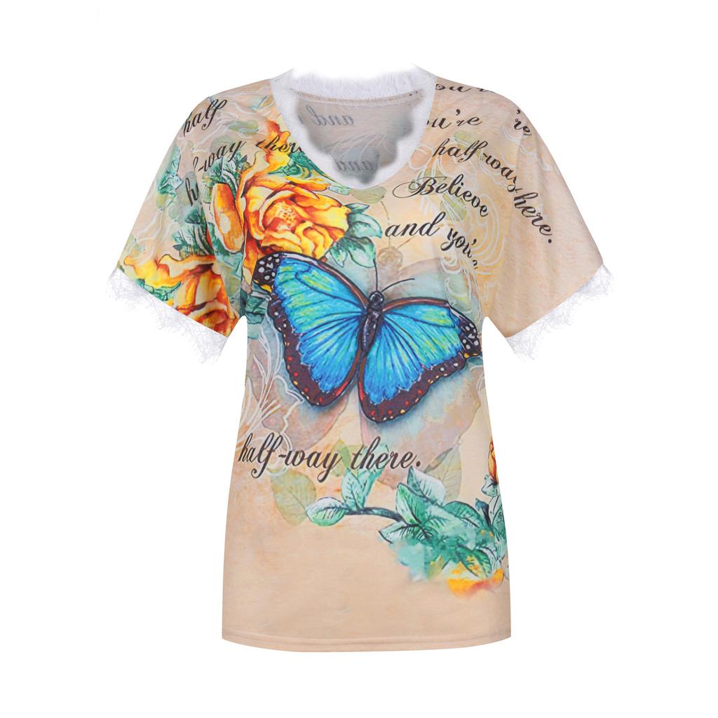 Women Summer V-neck Butterfly Print Short Sleeve Lace Patchwork T-Shirts  Blouse