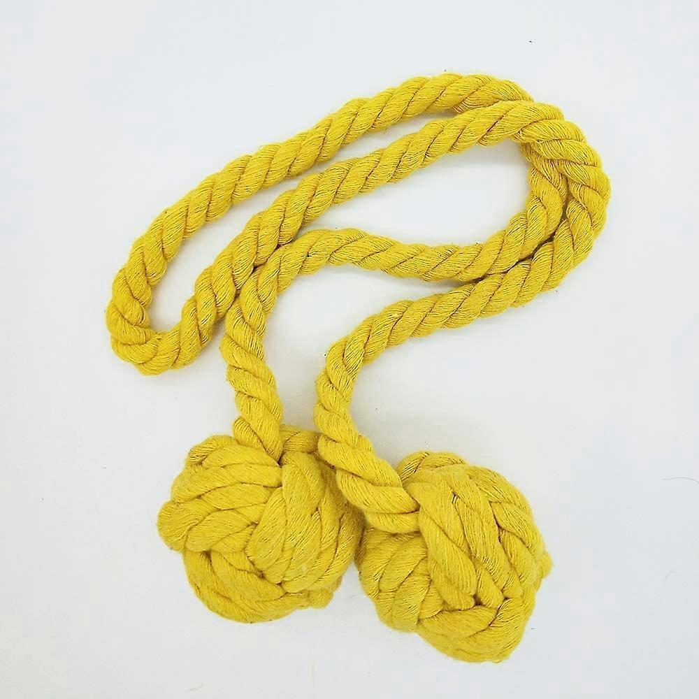2pcs Curtain Holdbacks Hand Knitting Braided Drapery Tiebacks with Double Ball Cotton Rope Tassel- Yellow