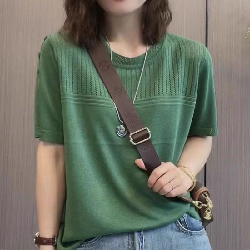 Summer New Middle Aged Women's Ice Silk Knitted Shirt Short Sleeve T-shirt Plus Size Top