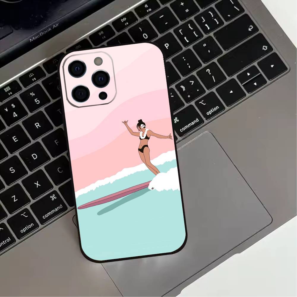 Surfboard Surfing Art Surf Girl Phone Case For iPhone 17,16,15,14,13,12,11 Plus,Pro Max,XS,Soft Silicone Black Cover