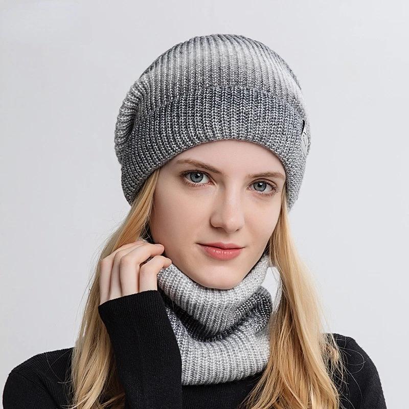 

Зимние женские шапки-снуды, наборы с градиентным цветом, вязаная шапка, теплая модная уличная ветрозащитная утолщенная шапка-шарф с принтом тай-дай для женщин