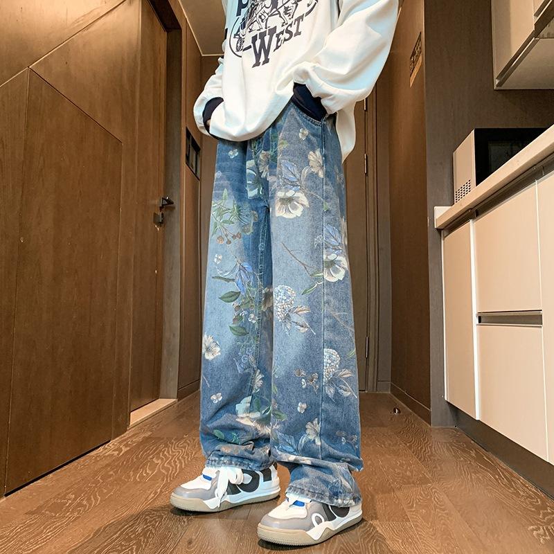 American high street printed jeans men's design sense niche trendy brand retro street hip hop casual wide-leg trousers