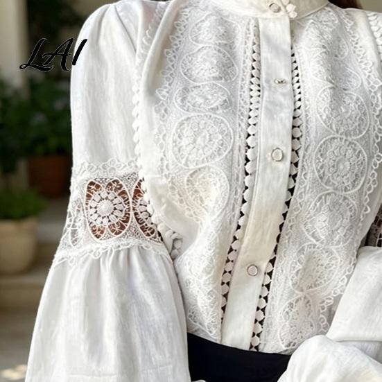 Besticktes Spitzenshirt Damenhemd Herbst Laternenärmel Stehkragen Bluse Tägliche Kleidung Hemden Normale Passform Einfarbig Knopfleiste Lässig Formelles Oberteil