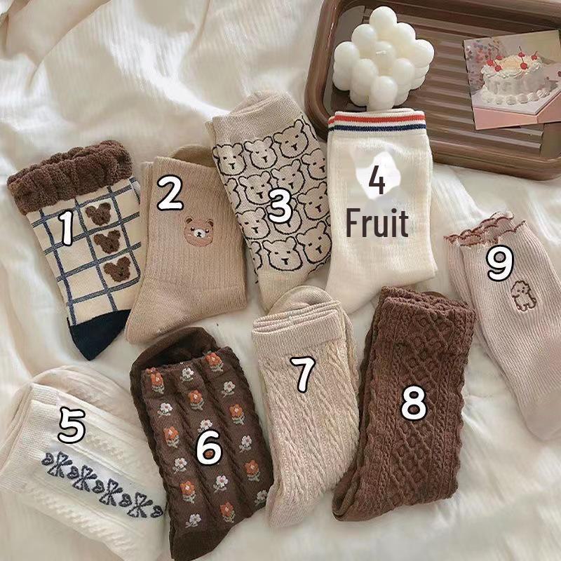 

Женские носки средней длины в земляных тонах: Осенне-зимний стиль японских мультфильмов, модные универсальные ворсовые носки Model 6