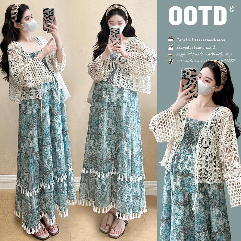Knit Hollow Cardigan Maternity Set: Slimming Long Dress Two-Piece for Summer 2026, Age-Reducing Holiday Style