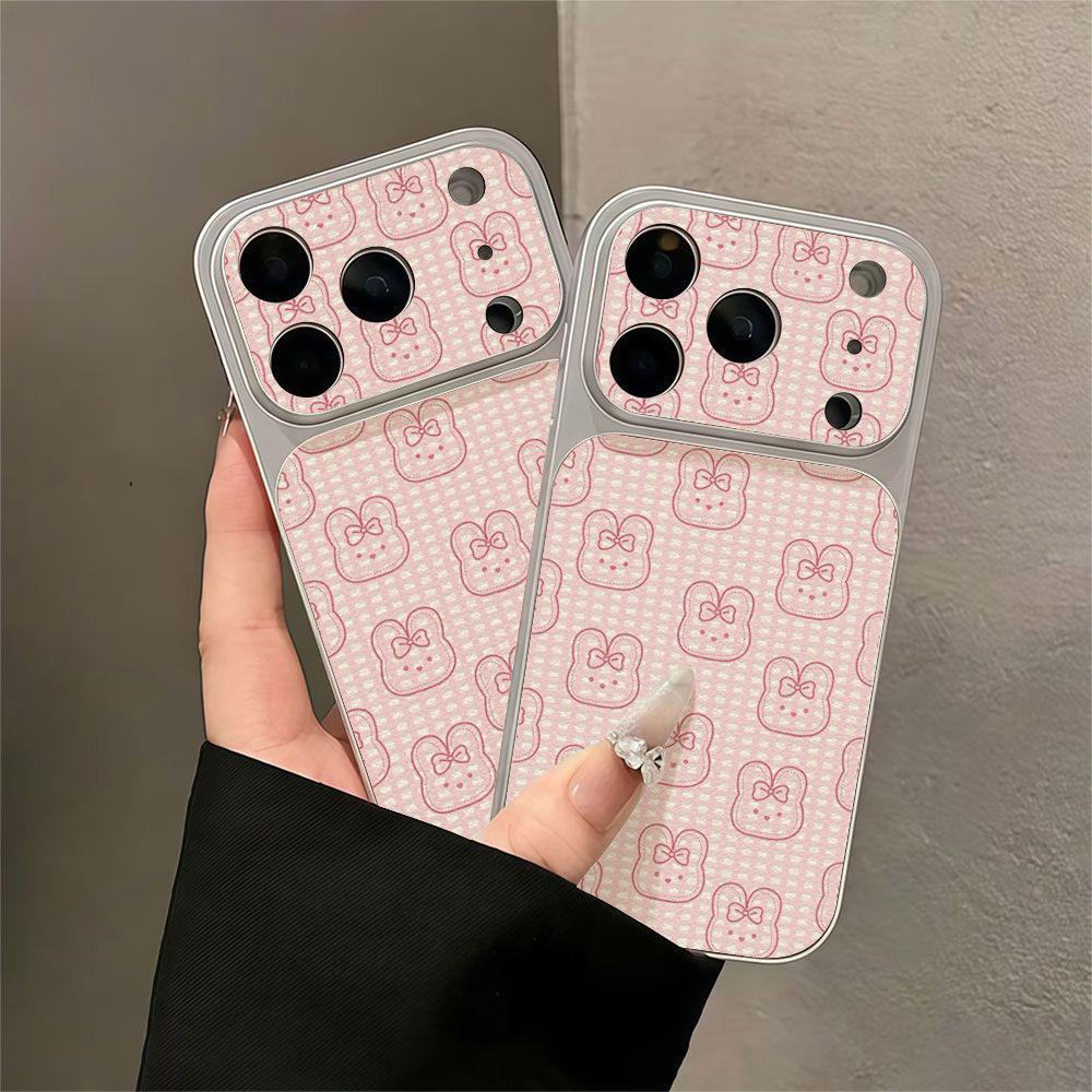 Summer Plaid Rabbit Bear Silver Frame Mobile Phone Case for iPhone17ProMax Large Window Soft Case All-inclusive
