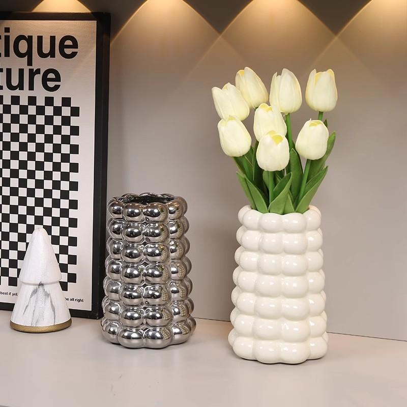 Creative Electroplated Silver, Milky White Vase, Ceramic Living Room Flower Arrangement Table Decor Light Luxury Style Vase, 1Pc