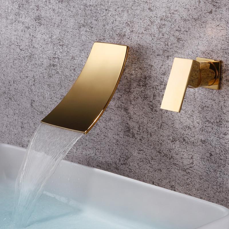 Wasserfall Beckenarmatur Wandmontage Einhebel-Heiß- und Kaltmischer Armatur Badezimmer Einbau-Beckenarmatur Messing Gold