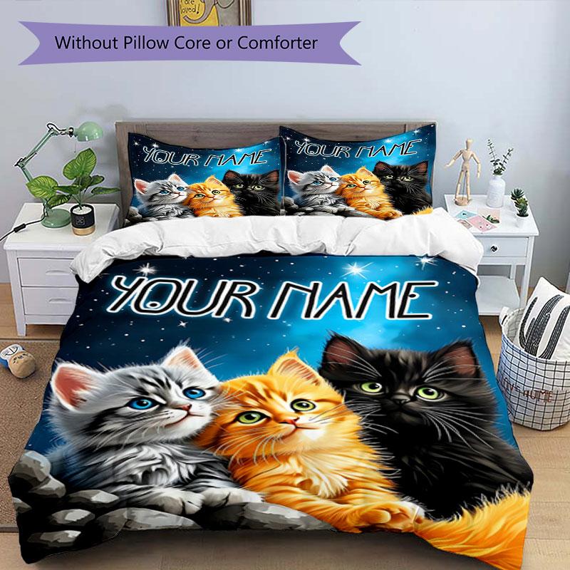 3PC Custom Name Space Kittens Adventure Bedding Set Duvet Cover Closure Includes 1 Duvet Cover & 2 Pillowcases for Bedroom