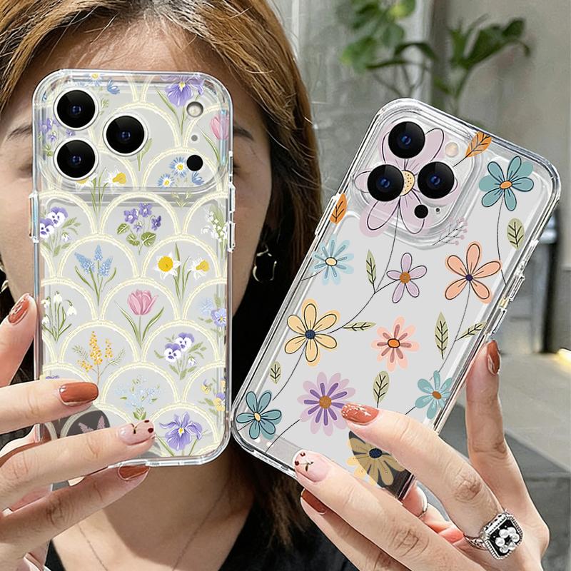 White Peony Cartoon Floral Case For iPhone 17 Pro Max Coque iPhone 16 15 14 13 12 Pro Max 11 Clear TPU Silicone Soft Cover