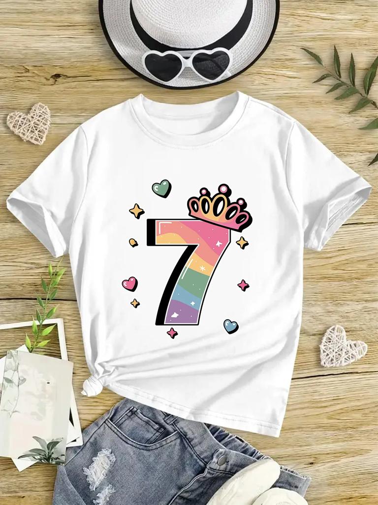 Settimo Compleanno Numero Sette Arcobaleno Con Corona Cuori Stelle Stampa Grafica Maglietta Manica Corta Bambini Tema Compleanno Girocollo Casual A