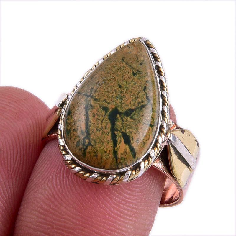 

Natural Rhyolite Gemstone Two Tone 925 Sterling Silver Jewelry Ring S.7.5 z1F24